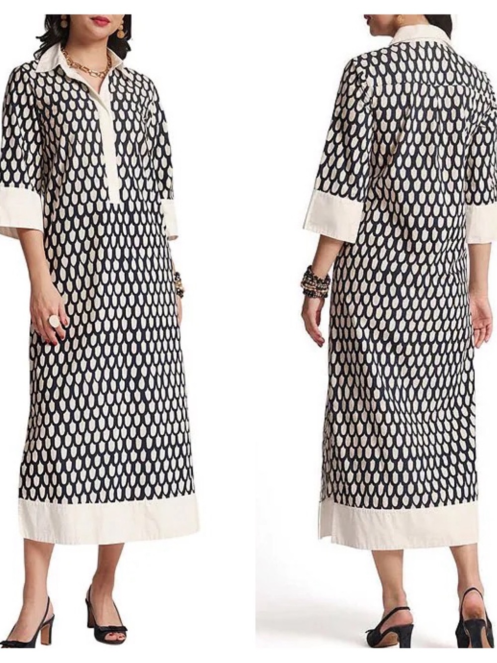 FRANCES VALENTINE
Cotton Poplin Loop Geometric Print
3/4 Sleeve Midi Dress